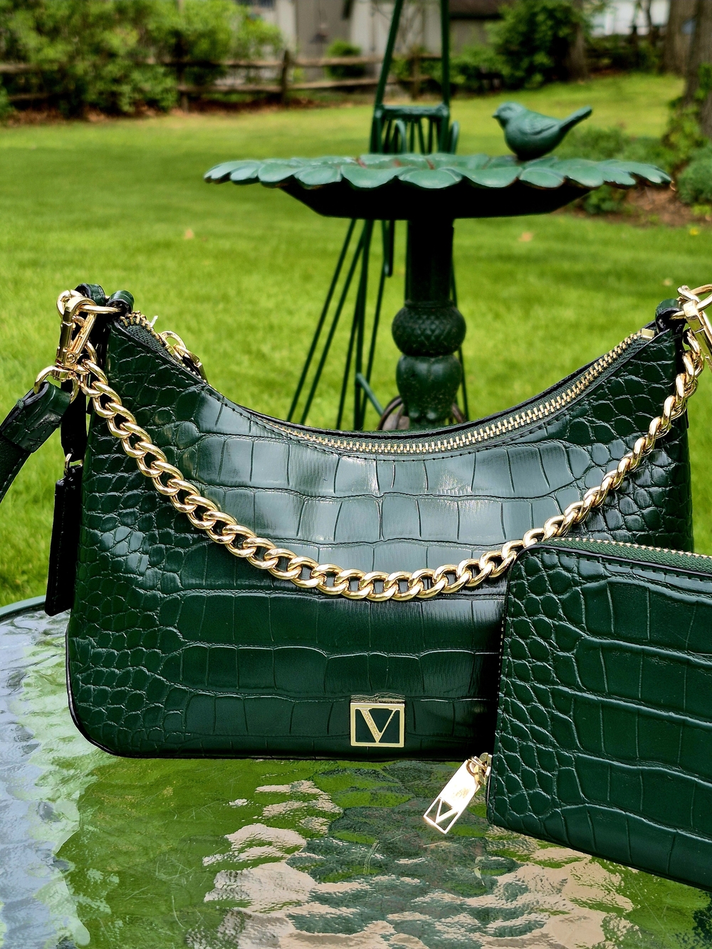 Victoria's Secret Dark Green Croc-Embossed Shoulder Bag & Wallet Set - Picture 2 of 8